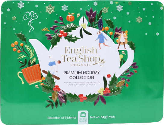 Grüne Metalldose mit Weihnachtstees von ENGLISH TEA SHOP, 6 Geschmacksrichtungen, BIO, enthält 36 Teebeutel, festliche Teesammlung