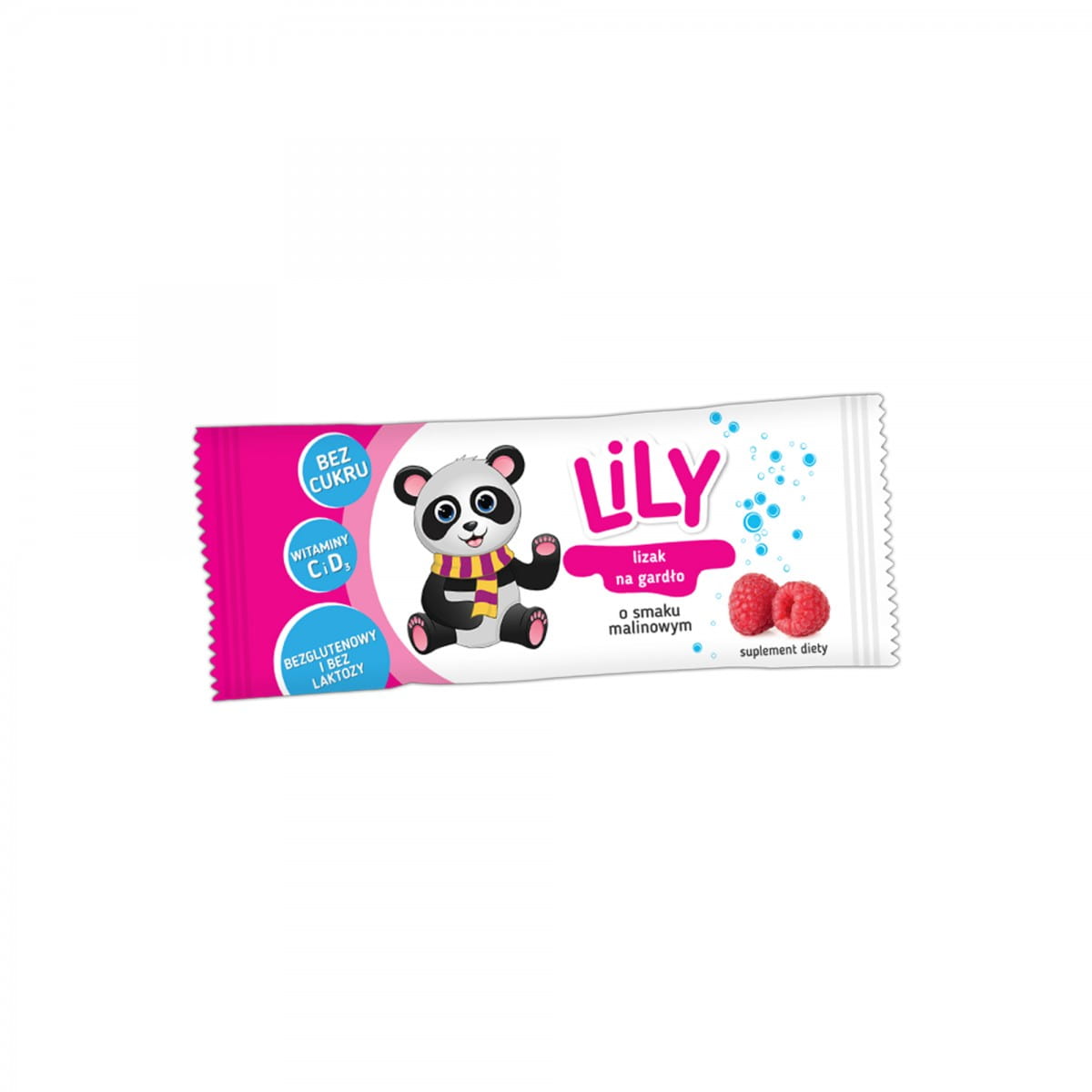 Lutscher mit Vitaminen gegen Husten und Halsschmerzen, 8 g, LILY CANDY von 7 PHARMA, zeigt den Lutscher in Verpackung