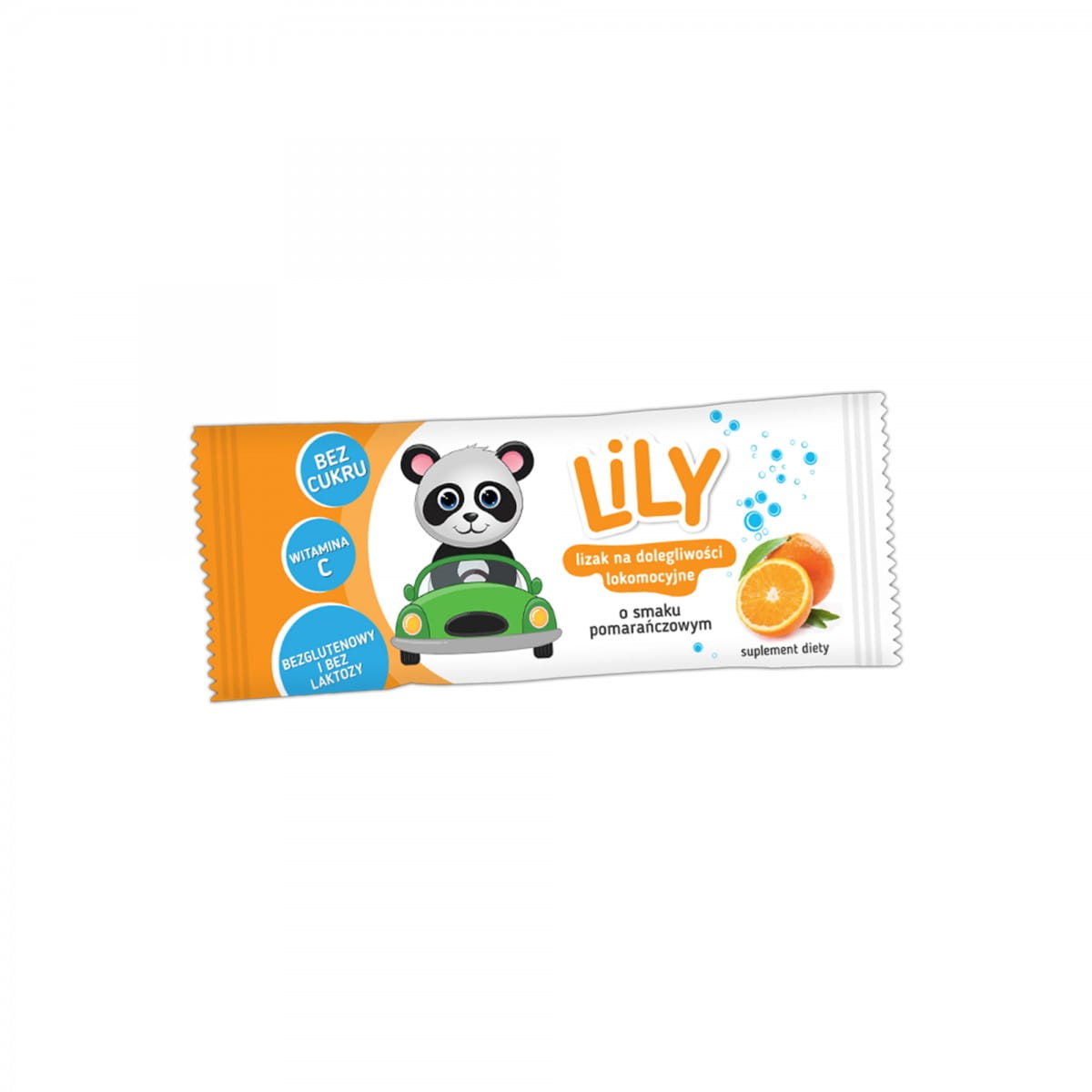 Lutscher mit Vitaminen bei Bewegungsbeschwerden, 8 g, von Lily Candy, 7 Pharma, zeigt den vitaminreichen Lutscher in Verpackung
