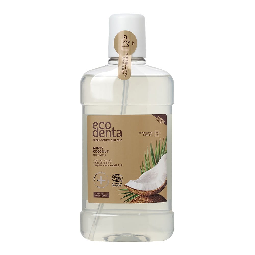 Mundwasser mit Minze und Kokosnuss, 500 ml, BIOK LABORATORIJA, Flasche mit grüner und weißer Verpackung sichtbar