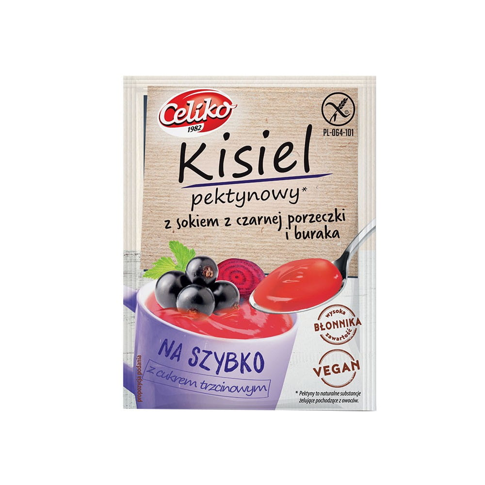 Schnelles Gelee mit schwarzem Johannisbeer- und Rote-Beete-Saft, 20 g, von CELIKO, in einer offenen Verpackung.
