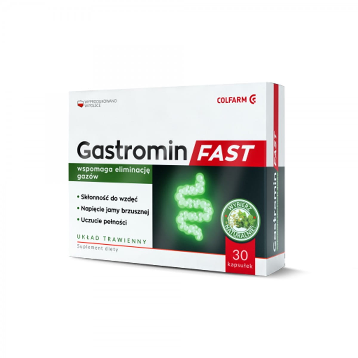 Colfarm Gastromin schnell für die Verdauung, 30 Kapseln, close-up der Kapseln in einer Packung.