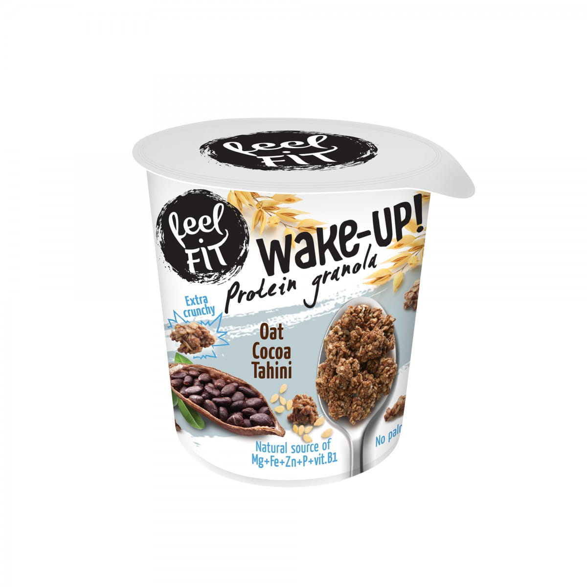 Fein gemischtes Protein-Müsli mit Hafer, Kakao und Tahini von FEEL FIT, 70 g, in einer offenen Packung.