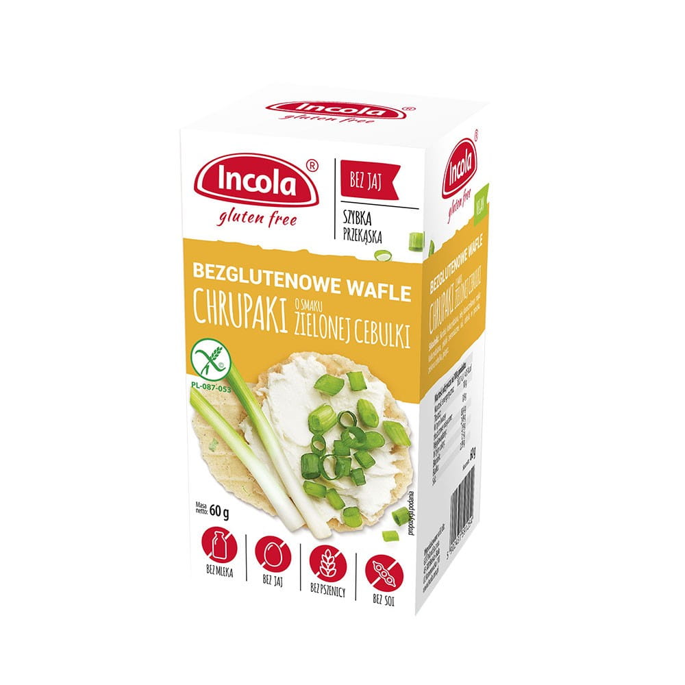 Knusprige Frühlingszwiebelchips von GFS POLAND, glutenfrei, 60 g, in einer offenen Verpackung.