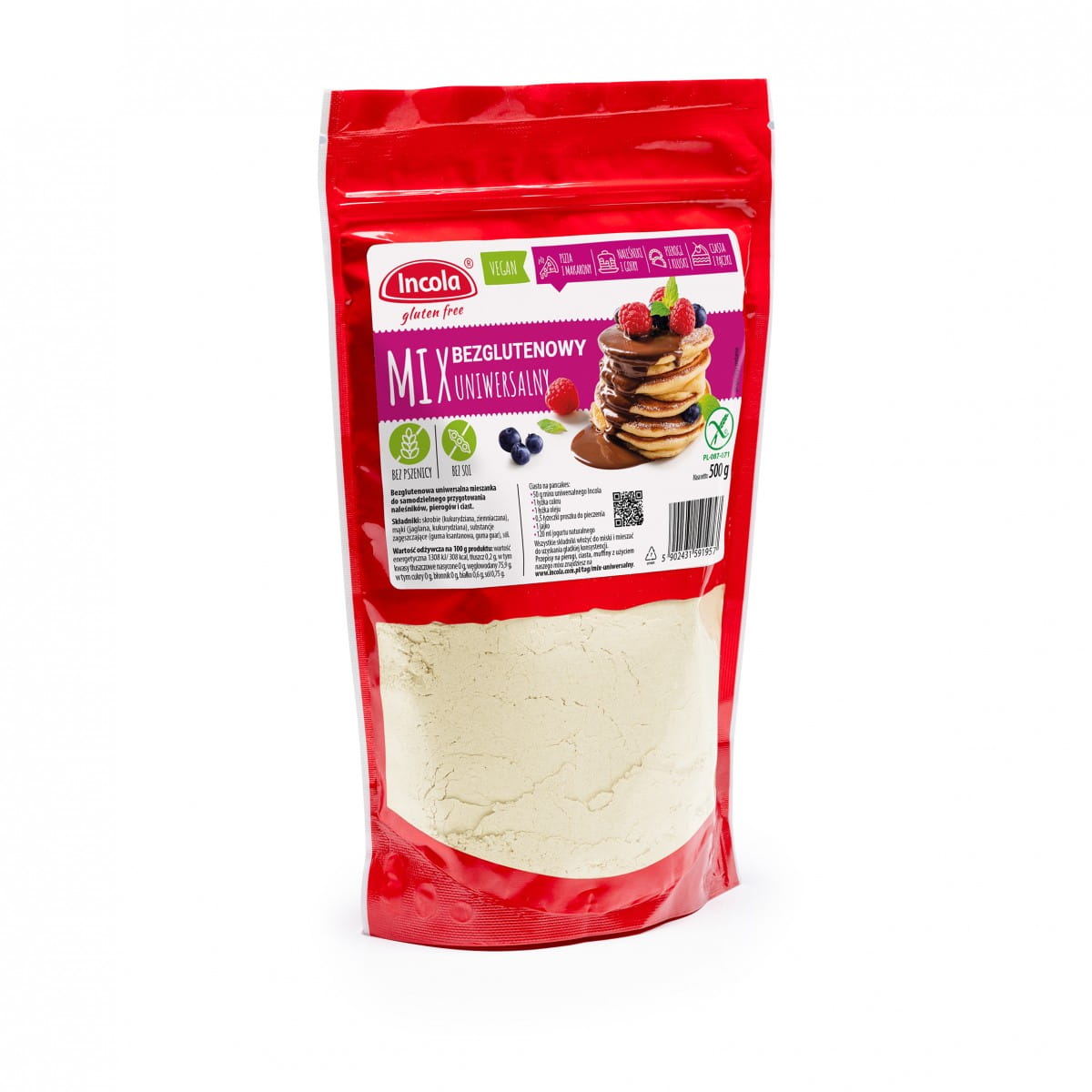 Glutenfreies Universalmehl von GFS POLAND in 500 g Verpackung, glutenfreie Mehlsorte für Backwaren und Kochrezepte.