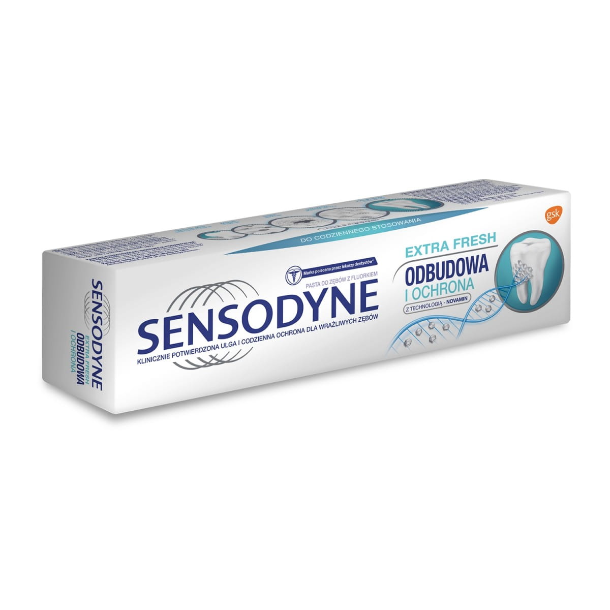 Zahnpasta GSK Wiederaufbau und Schutz, extra frisch, 75 ml, mit cremiger Textur und frischem Minzgeschmack.