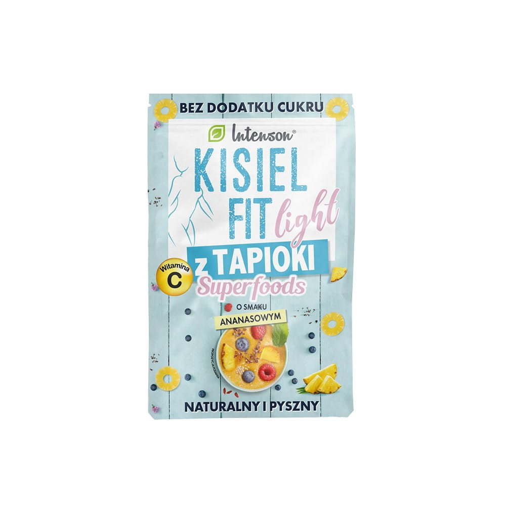 Ananas Kissel von INTENSON mit Tapioka, ohne Zucker, in 30 g Packung, zeigt die gelbe Fruchtpüree mit Tapioka-Perlen.