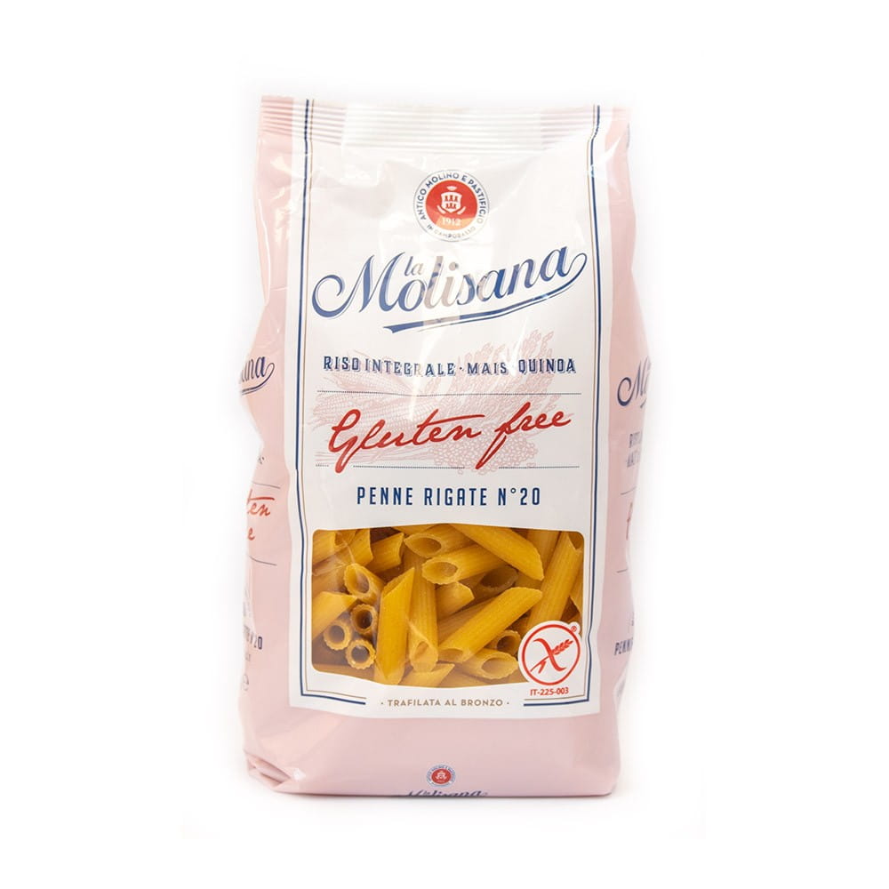 Penne Rigate Nr. 20 glutenfrei von LA MOLISANA, 400 g Packung, ungekochte Pasta in einer offenen Packung.