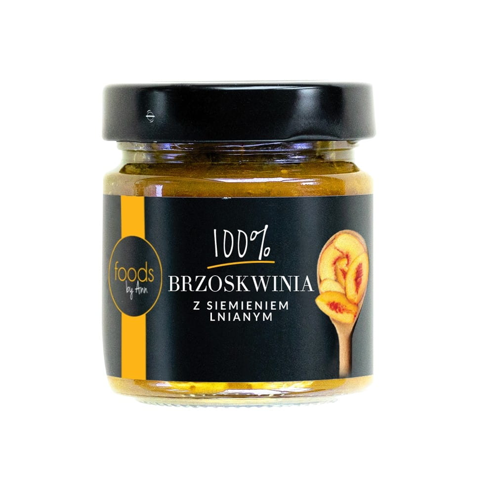 Pfirsich-Konfitüre mit Leinsamen von FOODS BY ANN, 200 g, cremige Fruchtaufstrich mit gesunden Samen, fruchtiges Aroma.