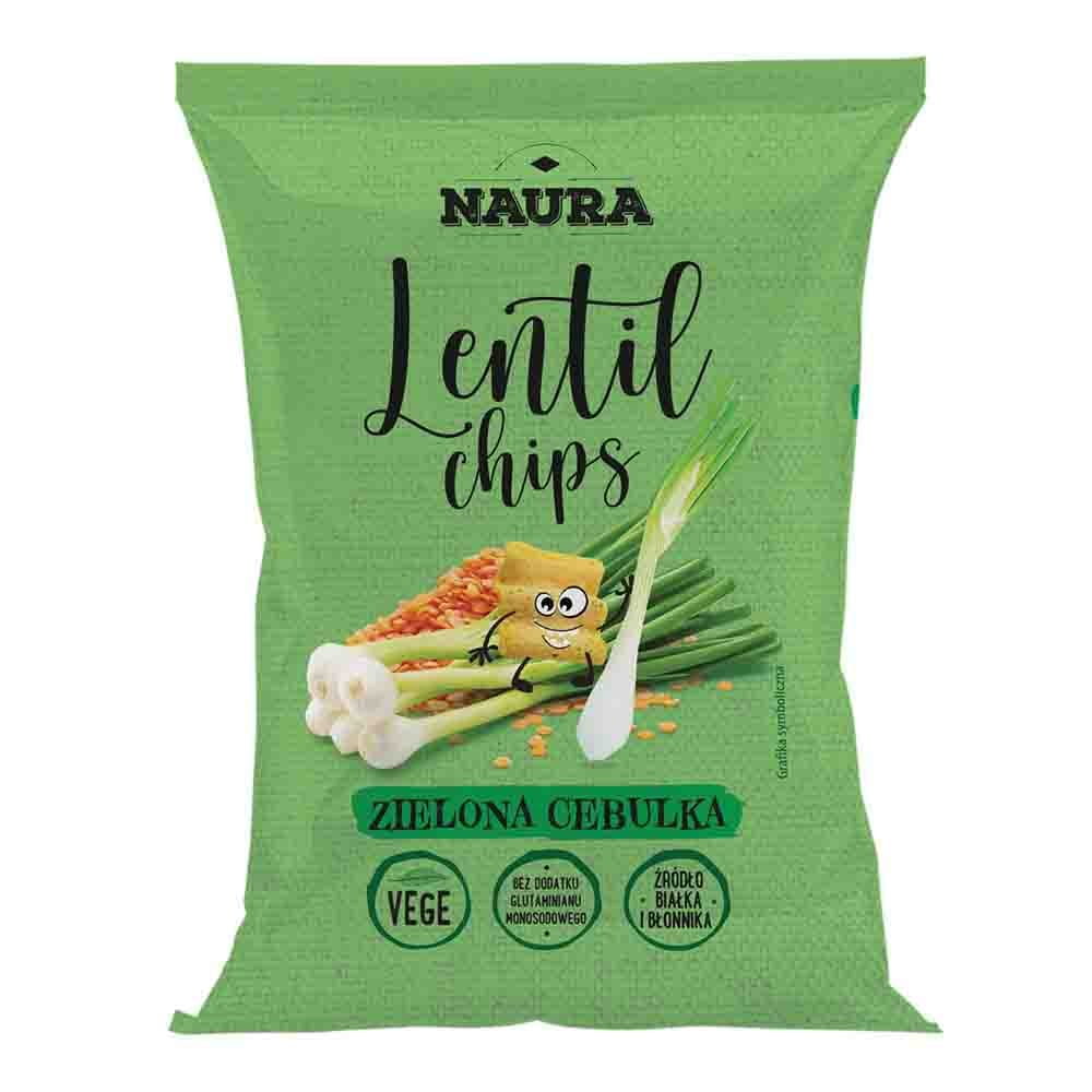 Knusprige Linsenchips mit Frühlingszwiebeln in 70 g Packung, NAURA, geröstet und aromatisch.