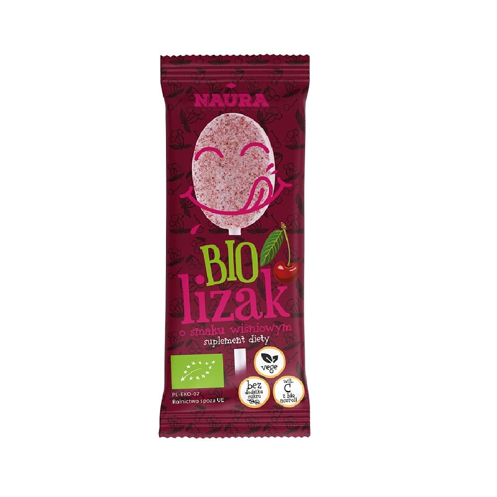 Bio Pulverlutscher mit Kirschgeschmack von NAURA, 6 g, zeigt die rote Lutscherform und Verpackung.