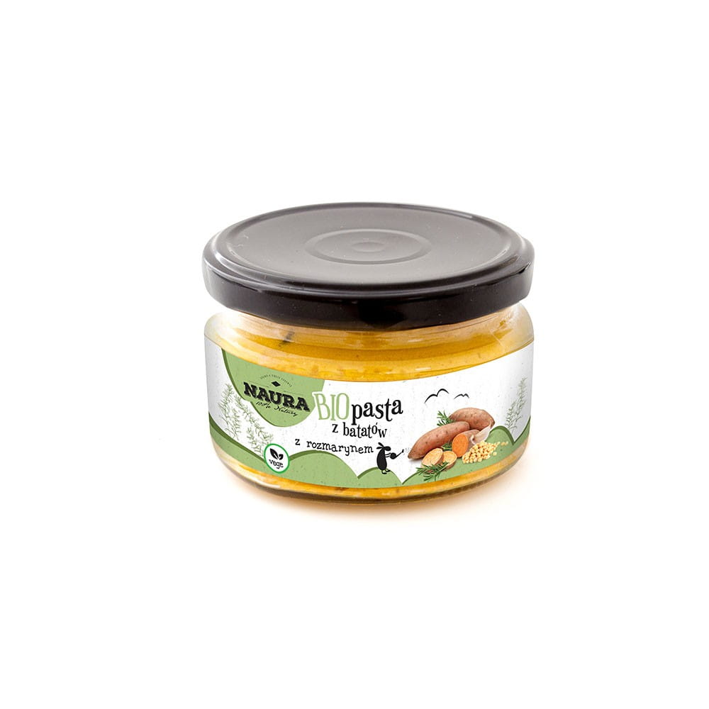 Bio Süßkartoffelpaste mit Rosmarin von NAURA, cremige braune Paste in Glas, ideal für Brot und Snacks.