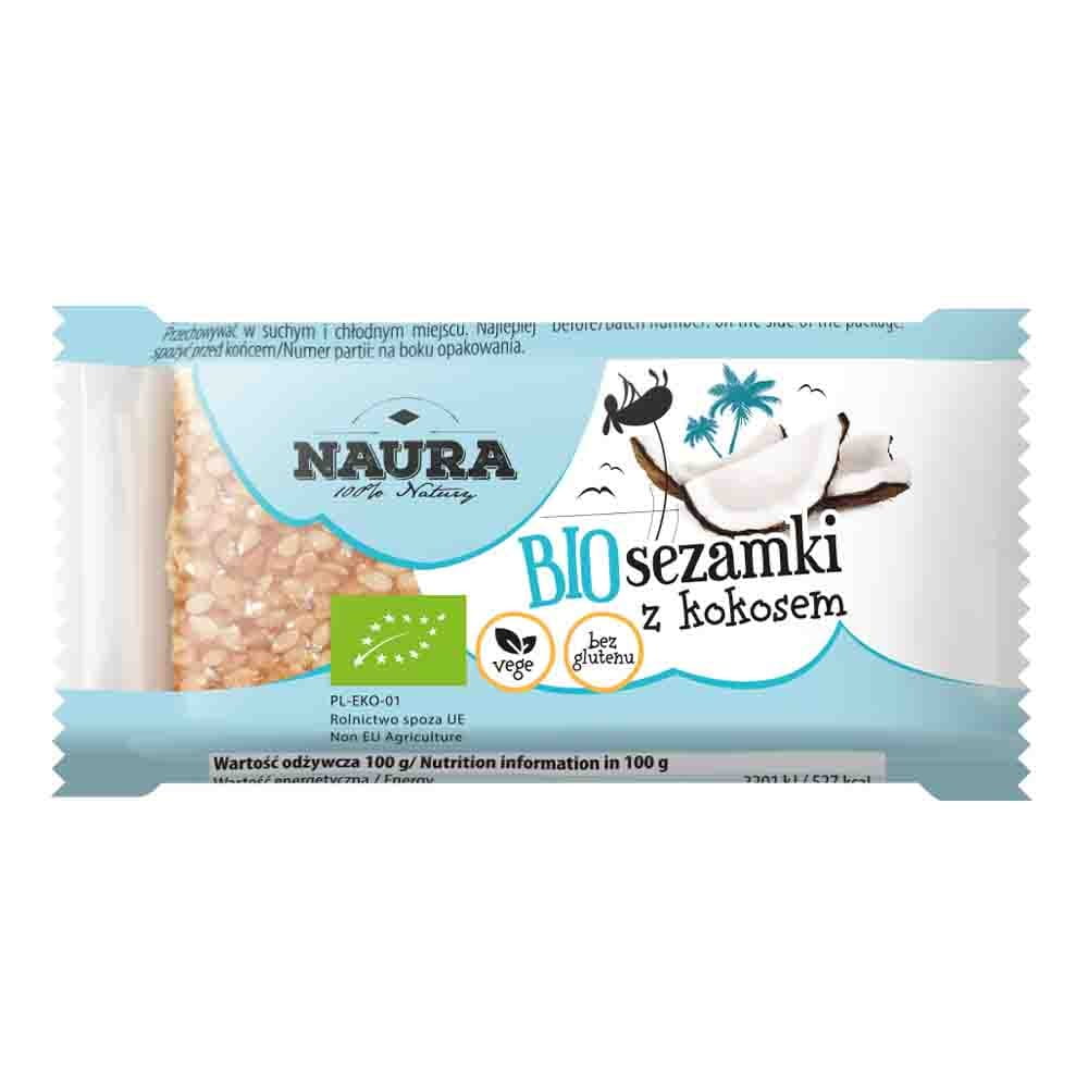 Bio Sesamschoten mit Kokos von NAURA, 27 g, zeigt die Sesamsamen und Kokosflocken in einer offenen Packung.