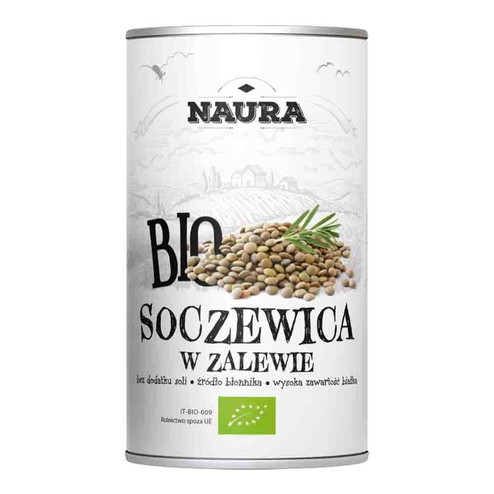 Bio-Linsen in Salzlake von NAURA, 400 g, in einer transparenten Dose, sichtbar mit Linsen und Salzlake im Bild