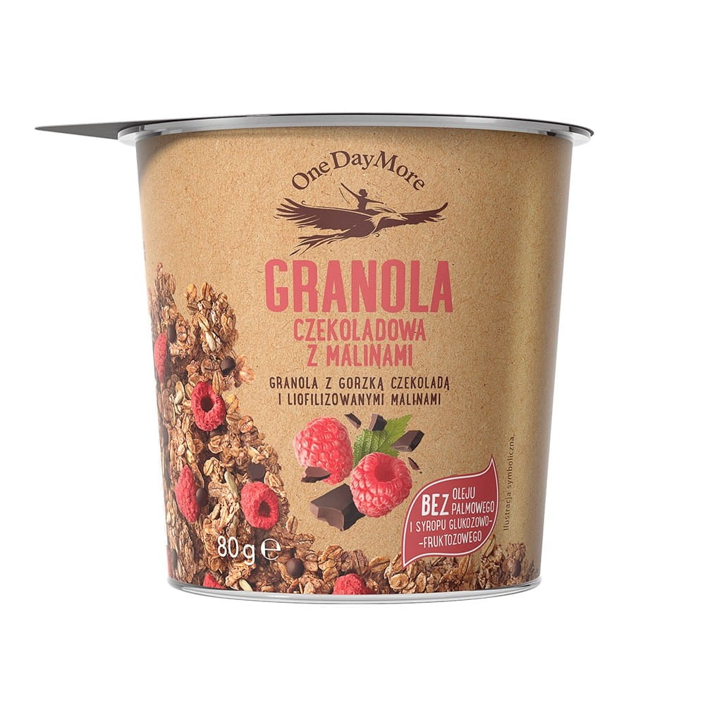 Müsli mit Schokolade, Himbeeren und Haferflocken in einer Schüssel, ONEDAYMORE Schokoladen-Granola 80 g