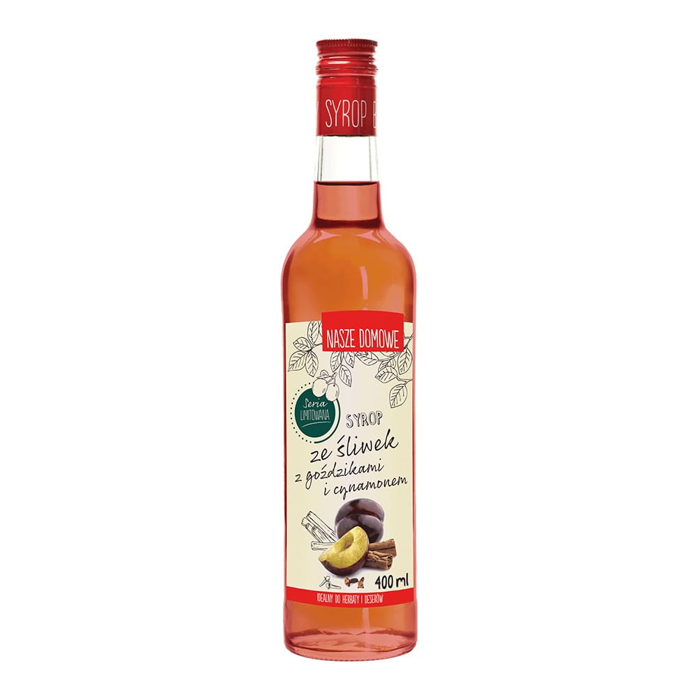 Pflaumensirup mit Nelken und Zimt in einer Flasche, 400 ml, von PREMIUM ROSA, zeigt die Zutaten und das Produkt im Glas
