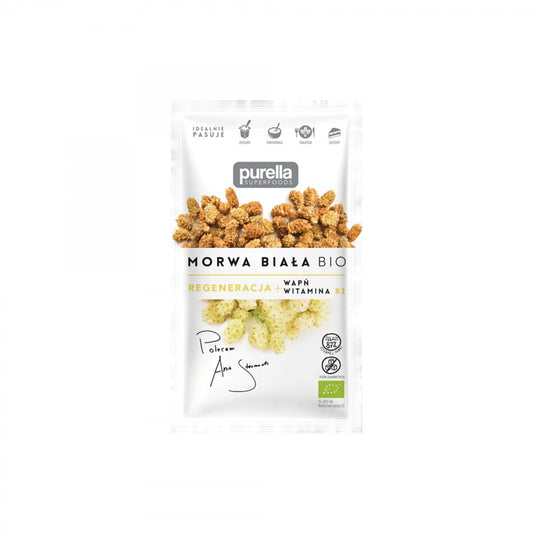 Weiße Maulbeere BIO-Regeneration von PURELLA FOOD in 45 g Verpackung, Kalzium und Vitamin B2, getrocknet und in Pulverform