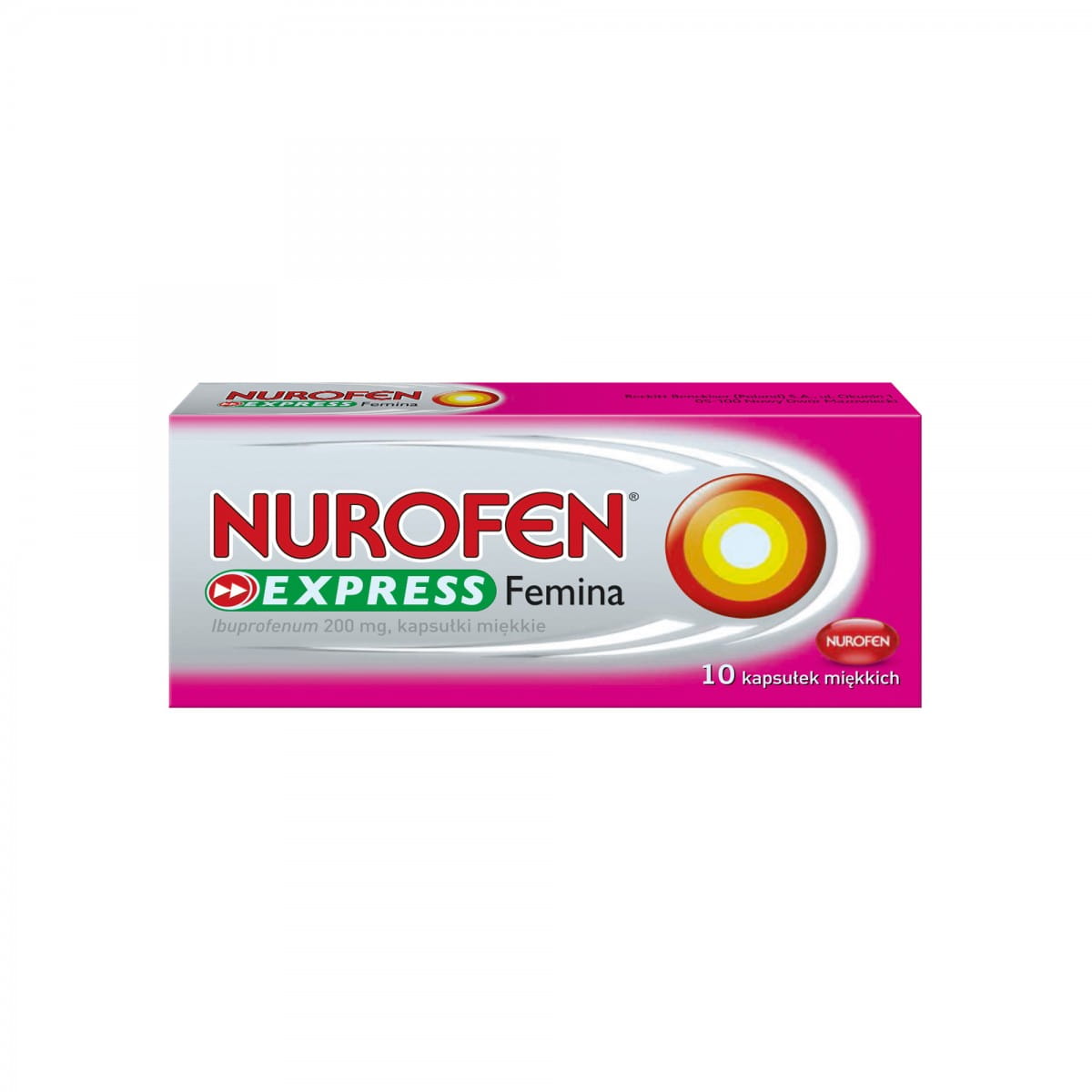 Nurofen Femina Packung mit 10 Kapseln, Schmerzmittel von RECKITT BENCKISER, zeigt die Kapseln in einer Blisterverpackung