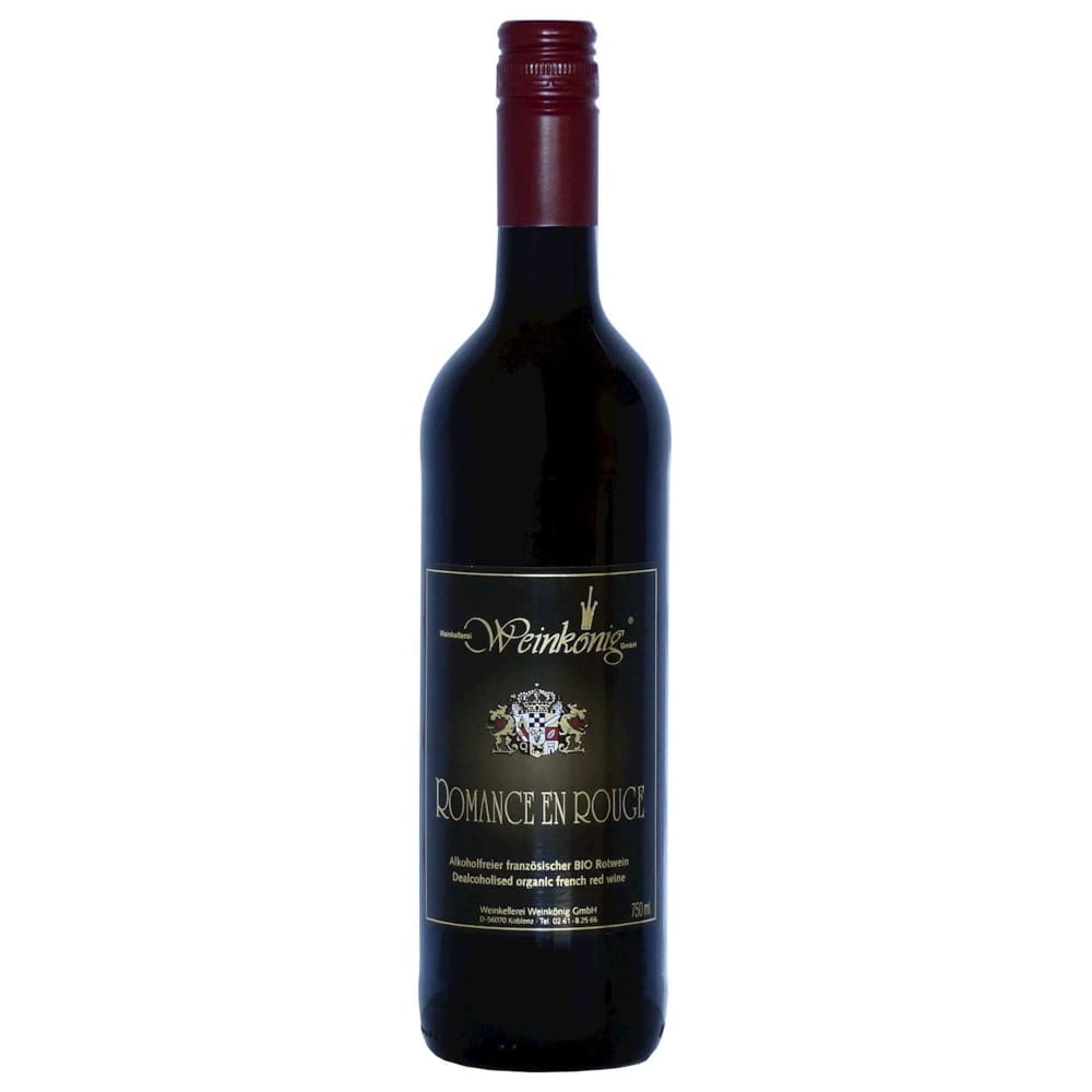 Roter alkoholfreier Bio-Wein en rouge von WEINKOENIG, 750 ml Flasche, mit roter Weinfarbe und elegantem Design.