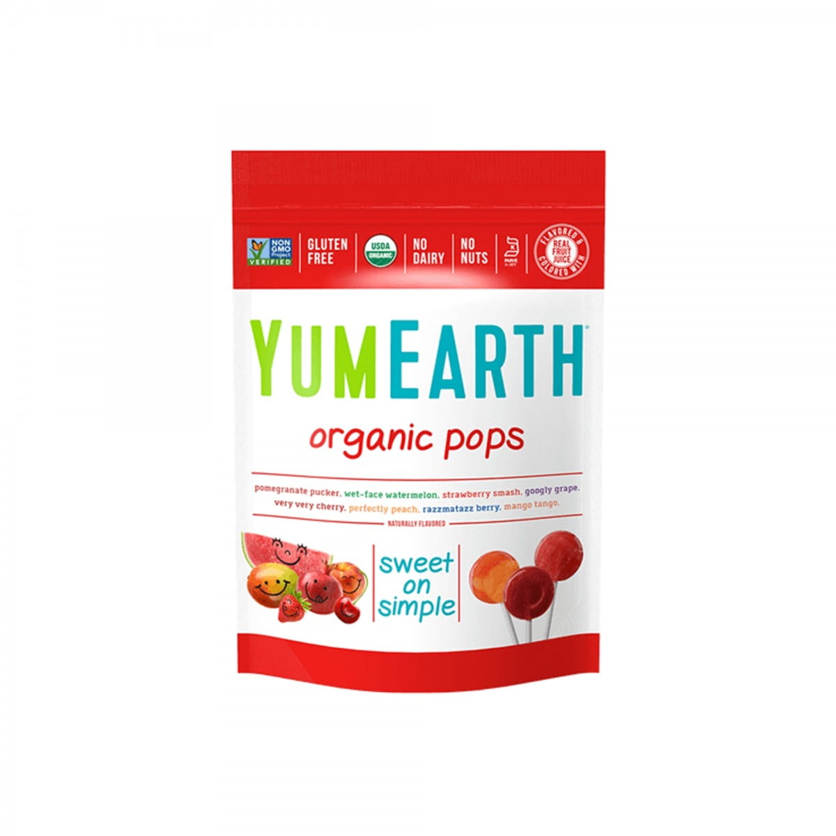 Bio Fruchtlutscher mit Vitamin C aus Granatapfel, Wassermelone und Erdbeere von YUMEARTH, zeigt bunte Fruchtlutscher in Packung