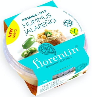 Glutenfreier Jalapeno-Hummus BIO von FLORENTIN, 170 g, cremiger Hummus mit scharfen Jalapenos und Bio-Zutaten.