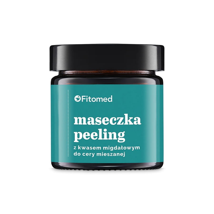 Peelingmaske mit Mandelsäure für Mischhaut, 50g, von FITOMED, zeigt die cremige Textur in einer Schüssel mit Mandeln.