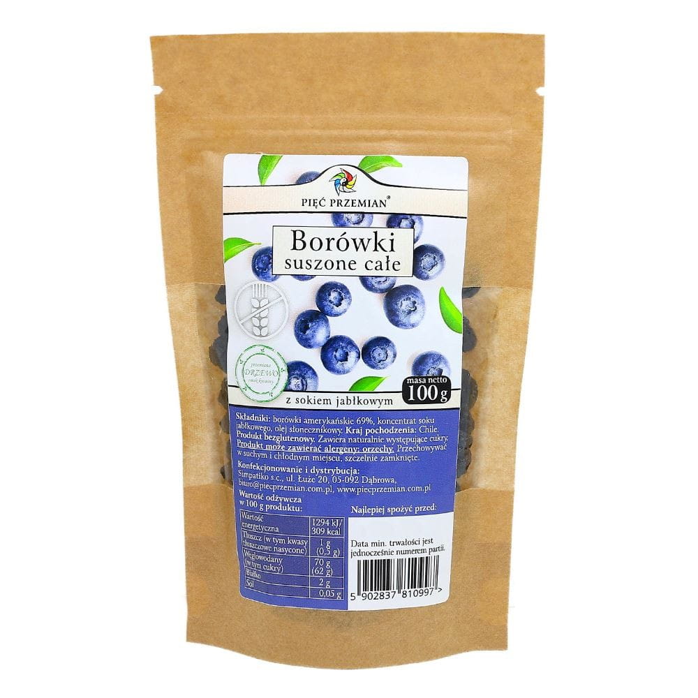 Ganze getrocknete Heidelbeeren mit Apfelsaft, 100g, von PIĘĆ PRZEMIAN, frische und saftige Beeren in einer Packung.