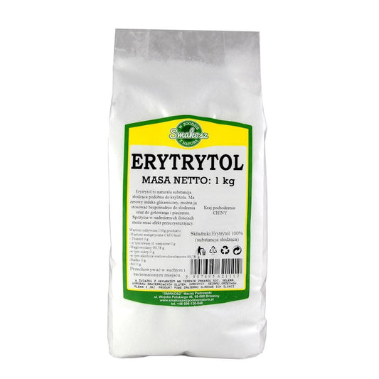 Erythrit 1 kg von SMAKOSZ, feines Süßungsmittel in weißem Pulver, ideal für gesunde Backwaren und Getränke.