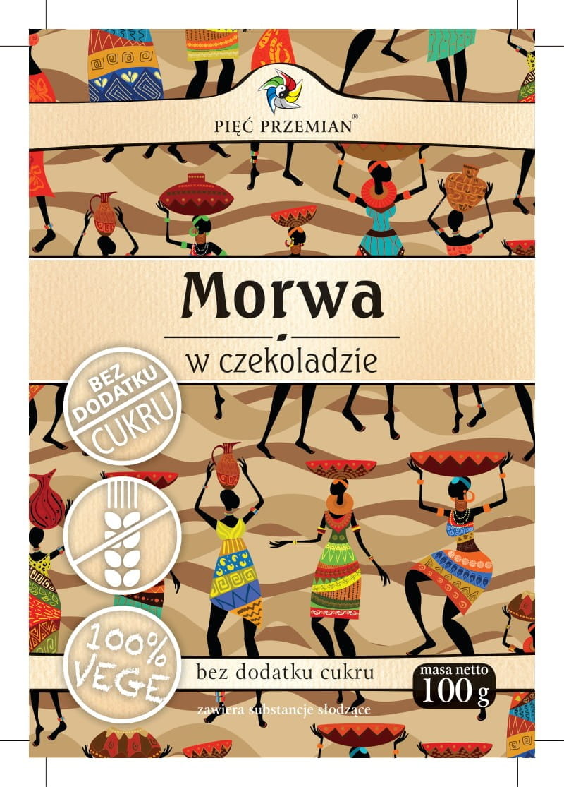 Schwarze Maulbeeren in Zartbitterschokolade, glutenfrei, ohne Zucker, 100g, von PIĘĆ PRZEMIAN in der Verpackung