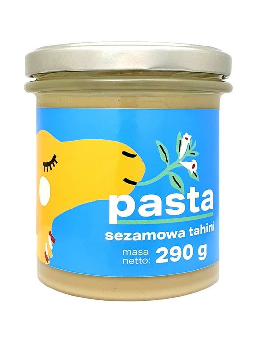 Sesampaste Tahini von PIĘĆ PRZEMIAN, 290g, cremige Konsistenz, ideal für Küche und Backen, auf weißem Hintergrund.