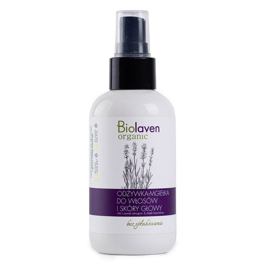 Haar- und Kopfhautnebel von BIOLAVEN, Conditioner in 150 ml Flasche, auf einem weißen Hintergrund.