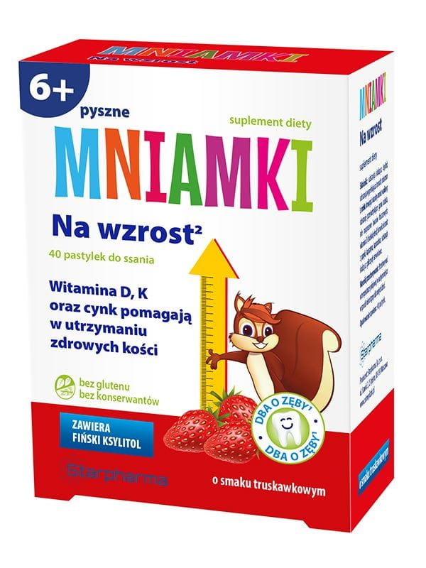 STARPHARMA Little to grow 40 Erdbeergeschmack Pastillen, nahe Ansicht mit Verpackung und Pastillen auf weißem Hintergrund