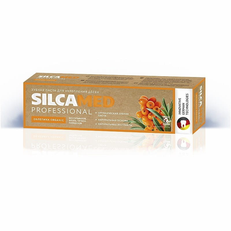 Sanddorn-Zahnpasta von SILCAMED, 100g, stärkt das Zahnfleisch ohne Fluorid, mit natürlichen Inhaltsstoffen, in einer weißen Tube.