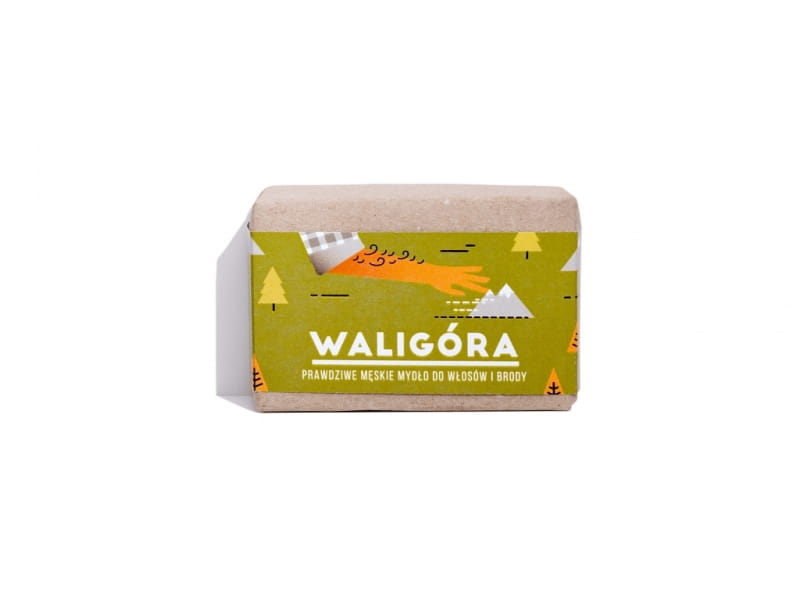 Waligóra-Seife auf Etikett, 110g, für Haare und Bart, von Mydlarnia Cztery Szpaki, mit sichtbarem Produkt und Etikett