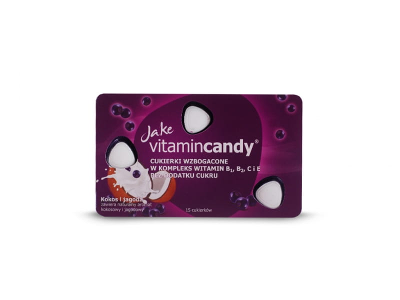 Zuckerfreie Kokos-Heidelbeere Bonbons von Jake VitaminCandy, 18g, mit fruchtigem Geschmack und natürlichen Inhaltsstoffen.
