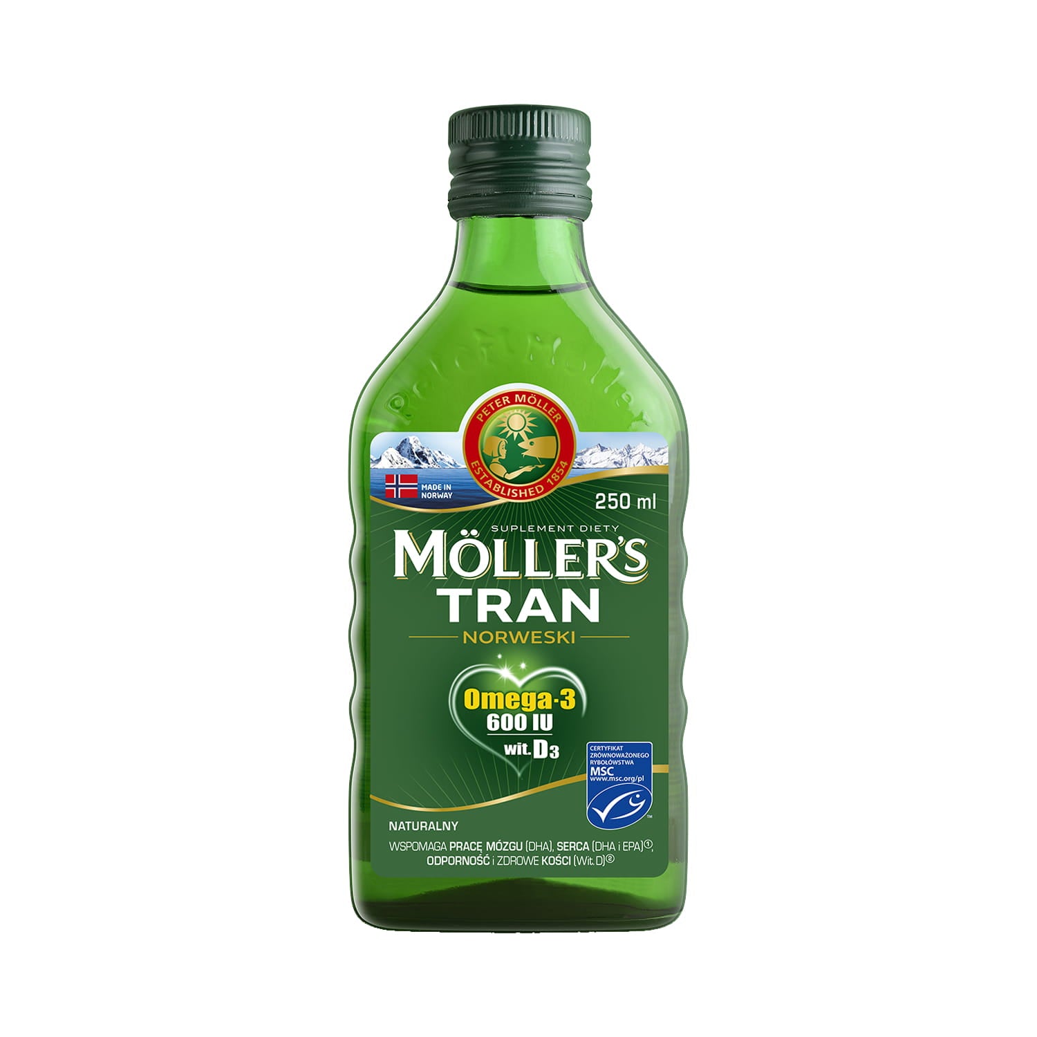 Natürliches norwegisches Fischöl von MOLLER'S MOLLERS in 250 ml Flasche, zeigt die Produktverpackung und Inhalt