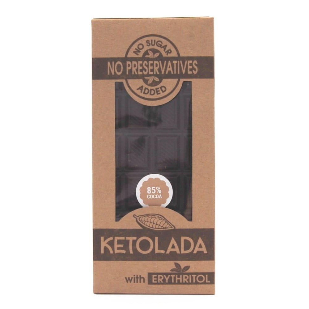 Dunkle Schokolade 85 % Kakao von KETOLADA, zuckerfrei, 100 g, detailreiche Nahaufnahme der Schokoladentafel.