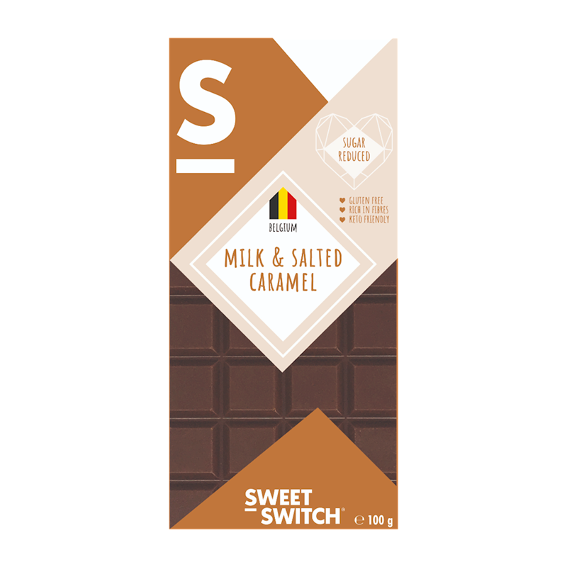 Milchschokolade mit salzigem Karamell von SWEET SWITCH, ohne Zuckerzusatz, 100g, cremige Schokoladenstückchen und Karamell.