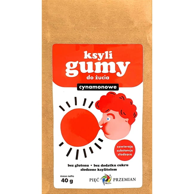 Zimt-Xyligum zuckerfreier Kaugummi von PIĘĆ PRZEMIAN, 40g, mit Zimtgeschmack, zeigt die Verpackung und Kaugummi.