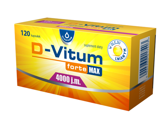 Vitamin D Vitum FORTE 4000 IE in OLEOFARM-Kapseln, dunkelgelbe Kapseln mit schwarzem Deckel, auf weißem Hintergrund.