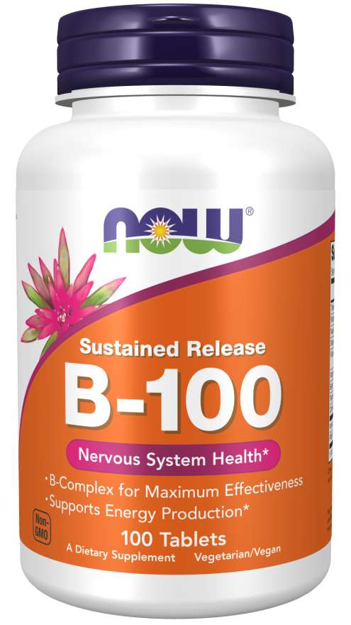 VITAMIN B-Complex 100 von NOW FOODS, 100 B-Vitamin-Kapseln, Nahaufnahme der Kapseln in einer Packung