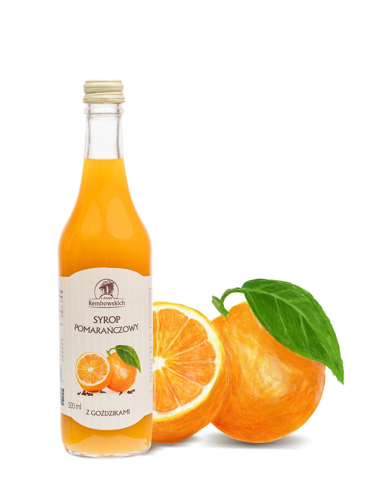 Orangensirup mit Nelke in 500ml Flasche, Z domu Rembowskich, aus dem Haus Rembowski, zeigt die Flasche mit orangesirup und Nelken.