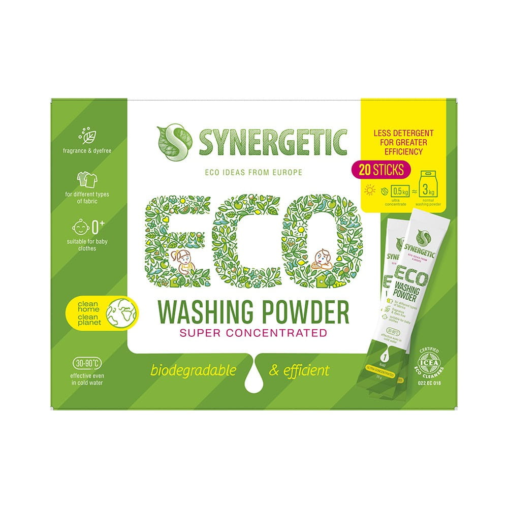 Biologisches Waschpulverkonzentrat von Synergetic für 20 Wäschen, umweltfreundlich und biologisch abbaubar.