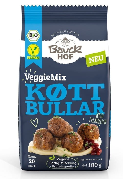 Veganes Bio-Fleischmix für schwedische Frikadellen von BAUCK HOF in 180 g Packung, sichtbarer Mix mit Gewürzen und Kräutern.