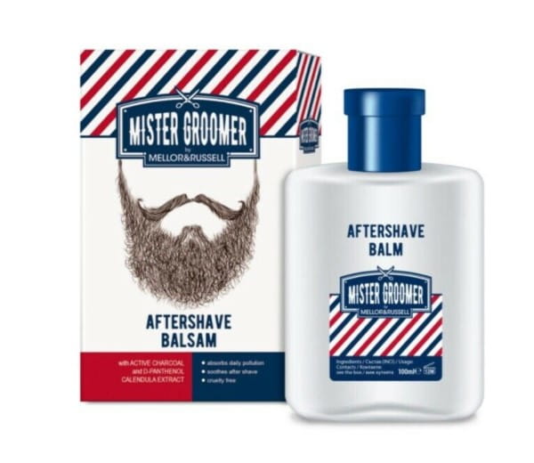 Mister Groomer After Shave Balm mit Aktivkohle in einem 100 ml Flakon, sichtbar auf dem Bild.