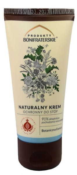 Fußcreme von Bonifraterskie, schützend und pflegend, in 50 ml Tube, sichtbar auf dem Bild.