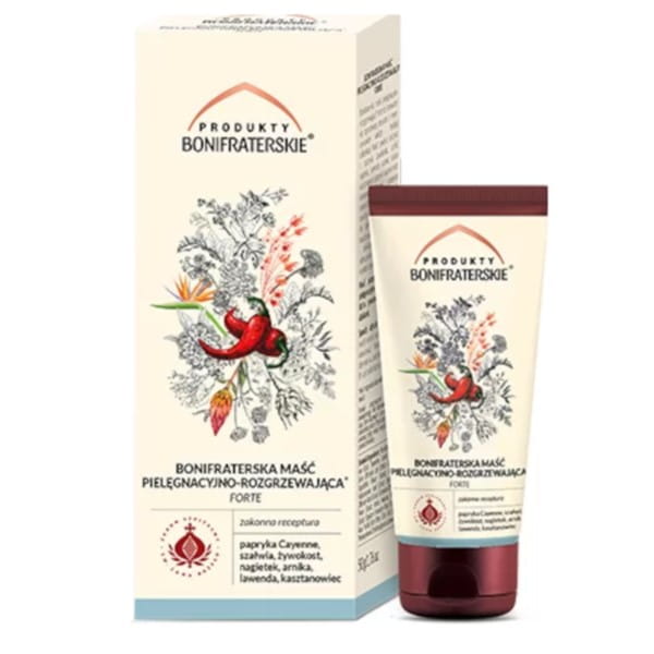 Pflegende und wärmende Salbe von Produkty Bonifraterskie, cremige Textur, ideal für Hautpflege und Wärmeschutz.