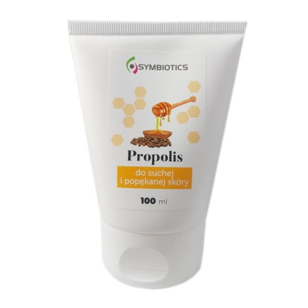 Propolis für trockene, rissige Haut von Symbiotics, in einer Flasche, zeigt natürliche Inhaltsstoffe und Anwendung.