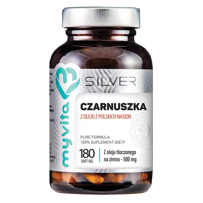 Schwarzkümmelöl Kapseln von MYVITA, 500 mg aus polnischen Samen, 180 vegane Silver Kapseln auf weißem Hintergrund