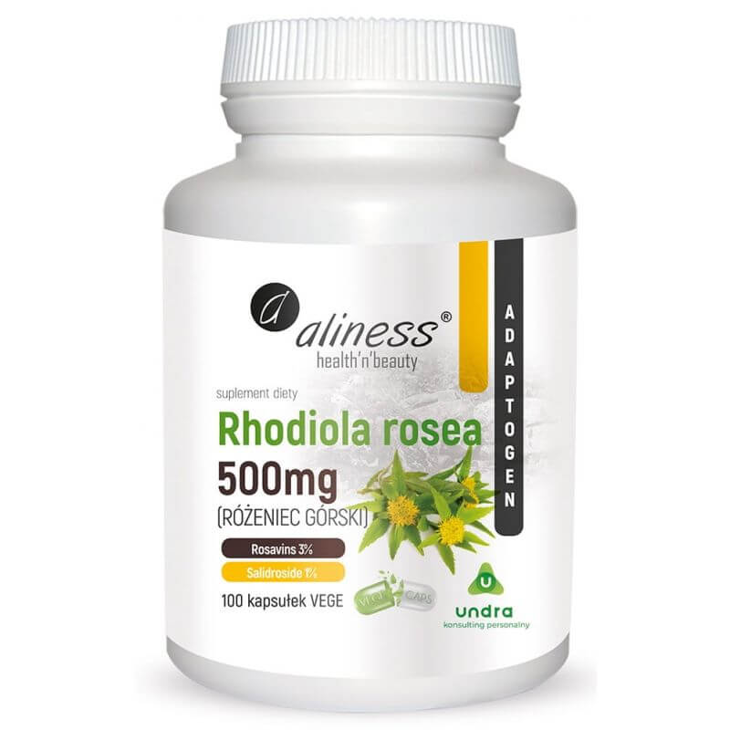 Hochwertige Rhodiola rosea-Extrakt Kapseln von ALINESS, 500 mg, 100 Stück, natürliche Nahrungsergänzung in einer braunen Packung